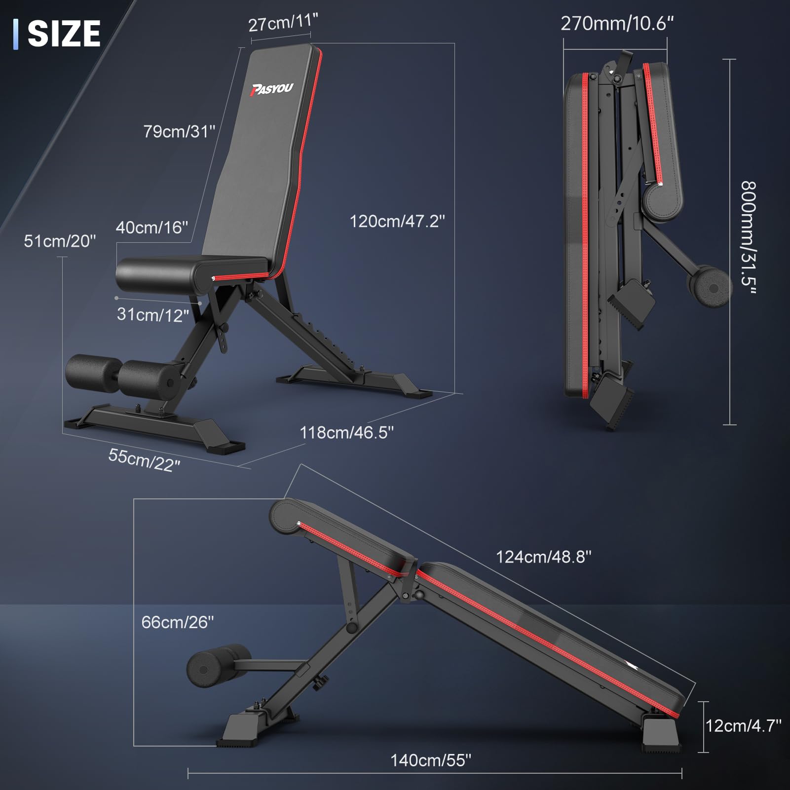 PASYOU Hantelbank Klappbare Trainingsbank mit 9x4x3 Verstellbaren Positionen Multi- Schrägbank als Bauch & Rückentrainer für zuhause, Max. 318kg Gewichtsbelastung