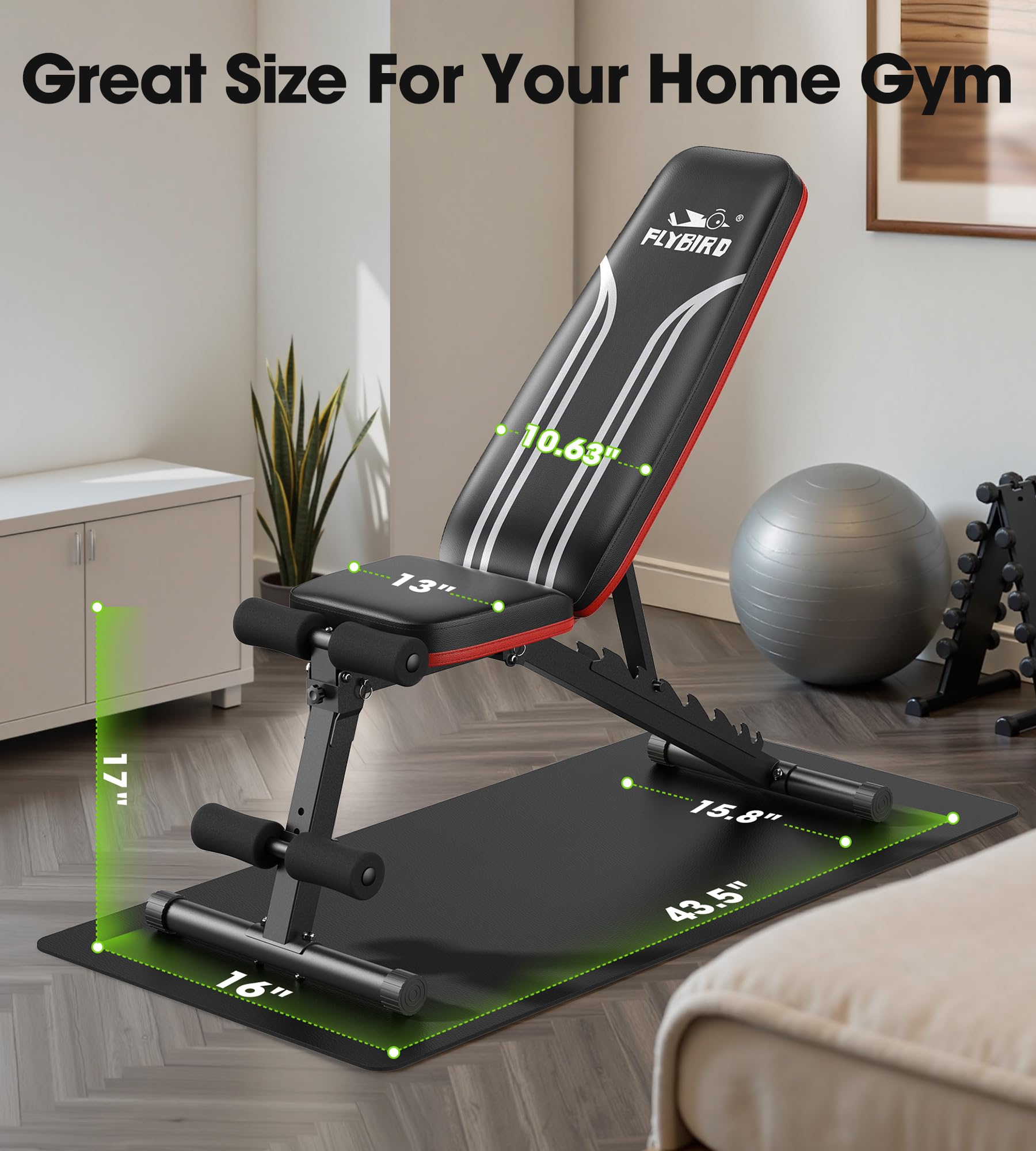 FLYBIRD Multifunktionale Hantelbank, 8-Fach Verstellbare Rückenlehne/3-Fach Verstellbare Fußstütze, 317 kg Belastbarkeit, Klappbare Trainingsbank mit 90° für das Heim-Fitnessstudio