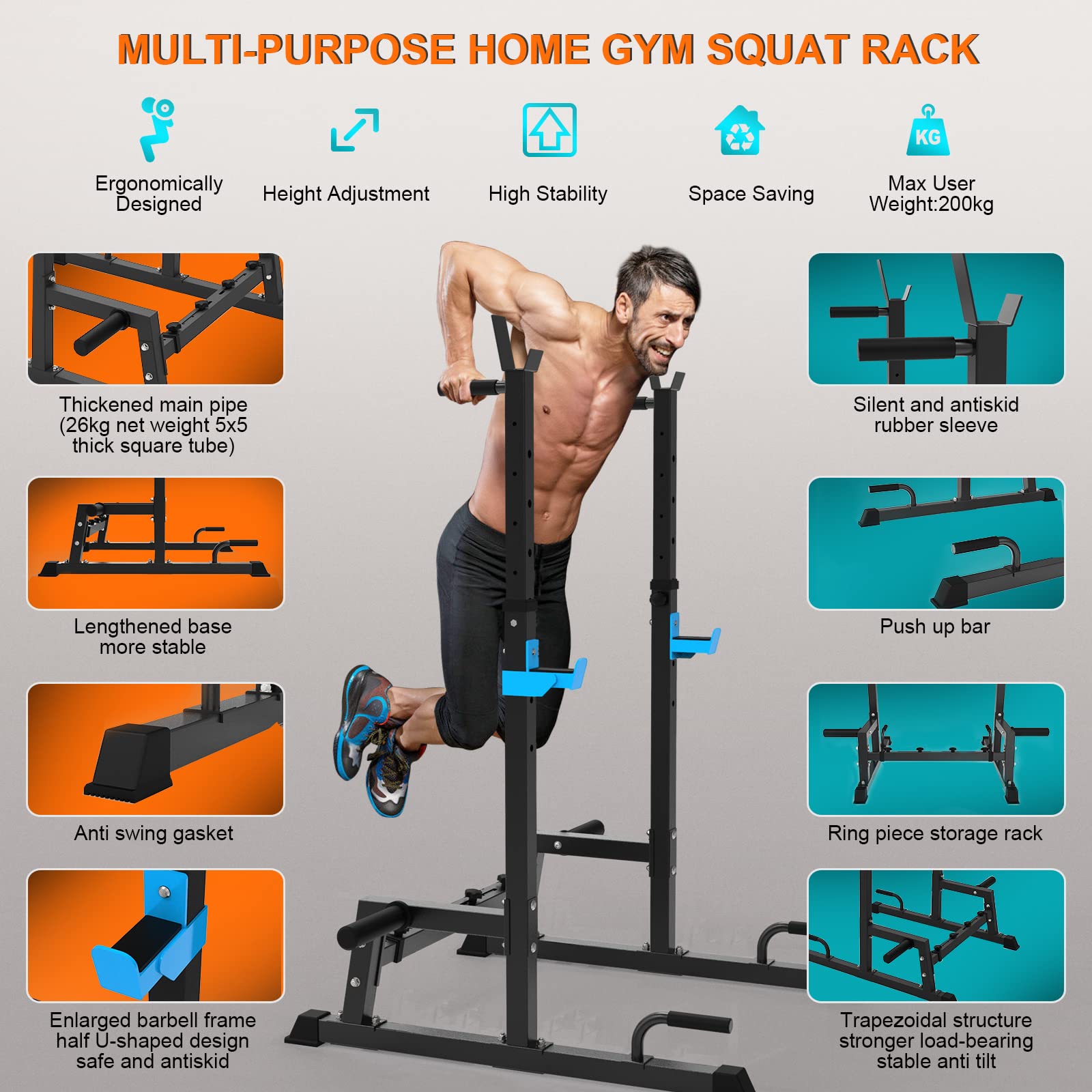 Squat Rack Multi-Funktions Barbell Rack Höhenverstellbarer Hantelständer für Sportstudio Zuhause Gewichtheben Bankdrücken Dip-Station Tragbare Krafttraining Kurzhantelablage