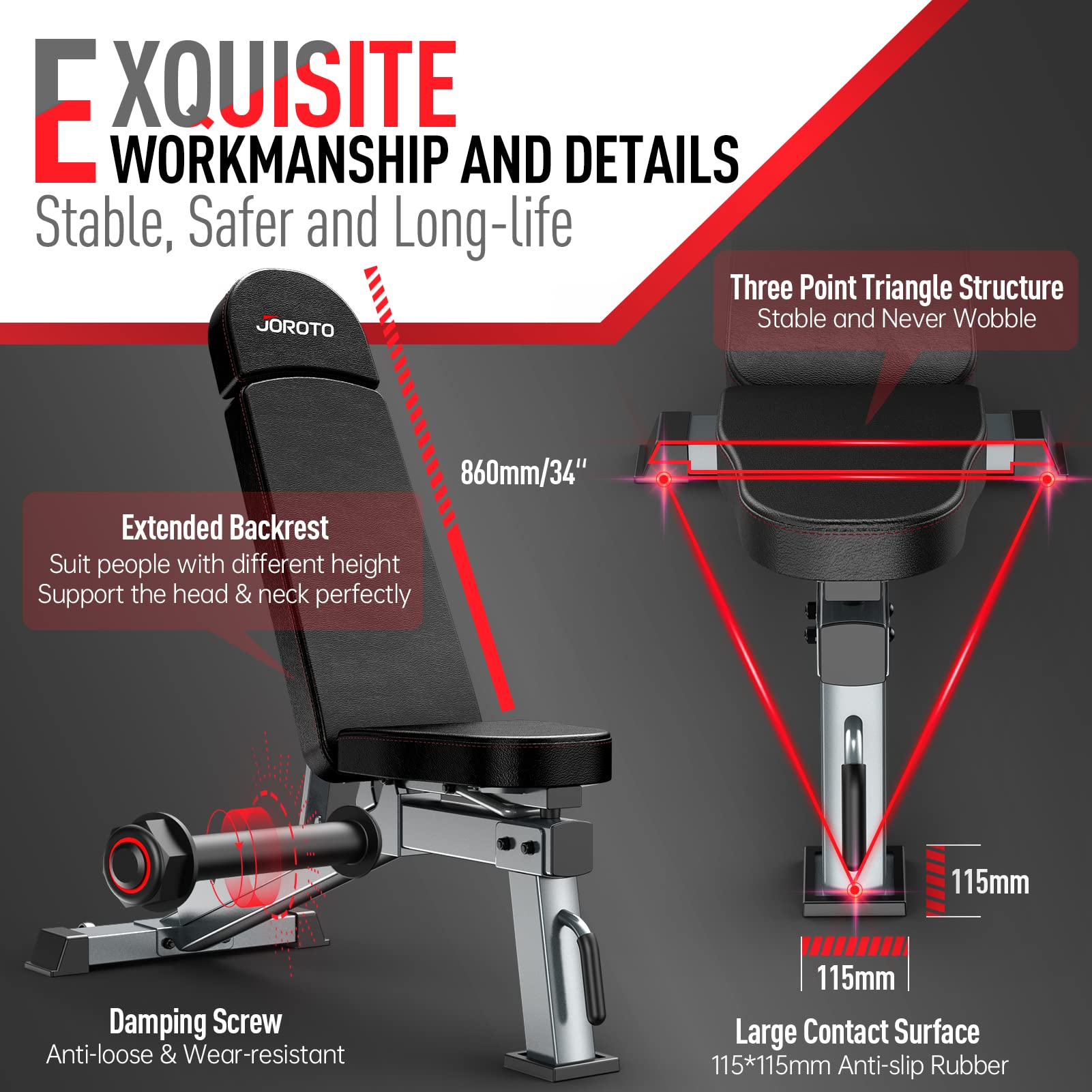 JOROTO Premium Hantelbank | Praktische Fitnessbank, geeignet als Schrägbank & Flachbank Bankdrücken Bank für Ganzkörpertraining | MD80, Folding Flach Einstellbar Bauch