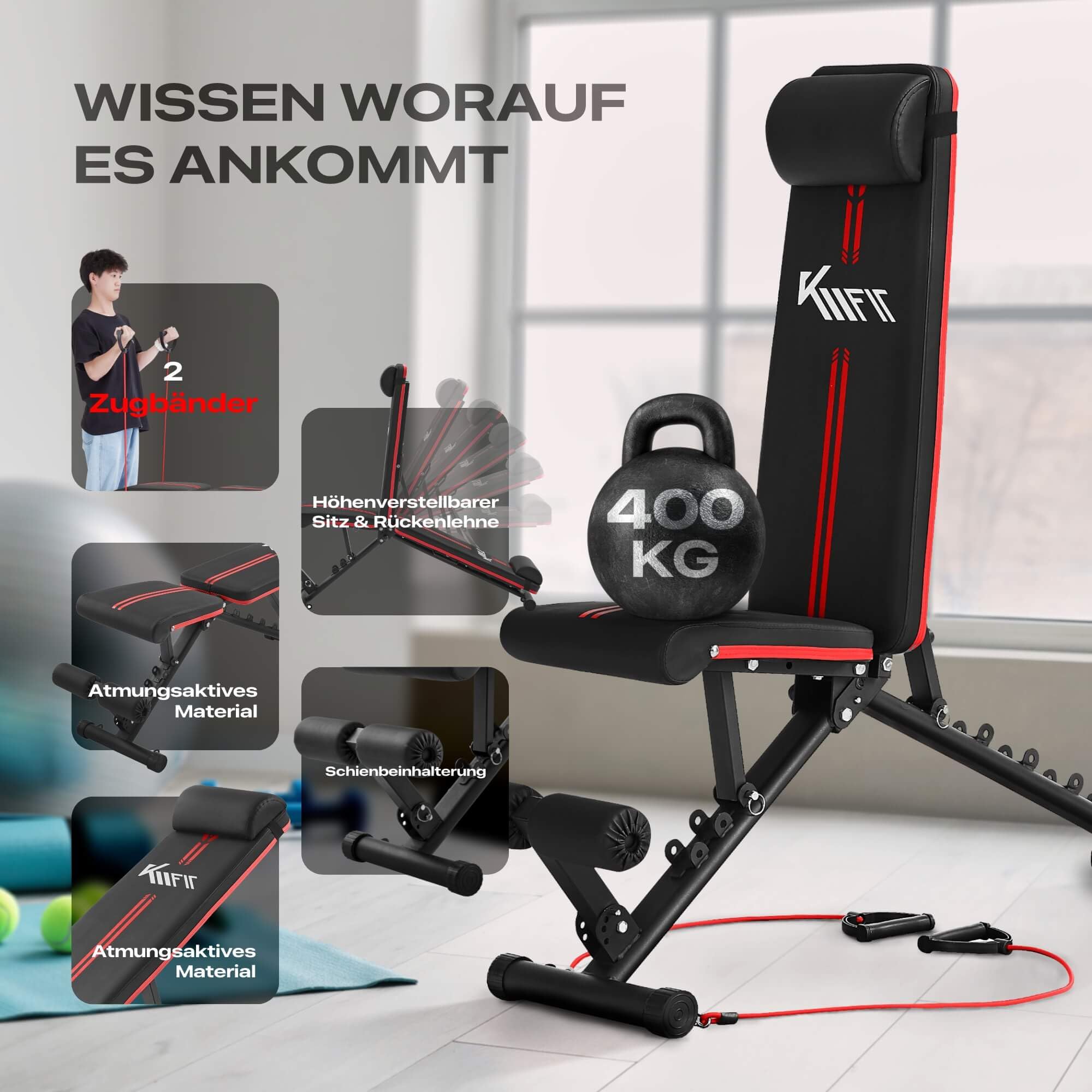 KM Fit klappbare Hantelbank Multifunktion Training Fitness Bank | 6-fach verstellbare Rückenlehne | 3-fach verstellbarer Sitz | Atmungsaktive EVA-Oberfläche | Belastbarkeit bis zu 400 kg