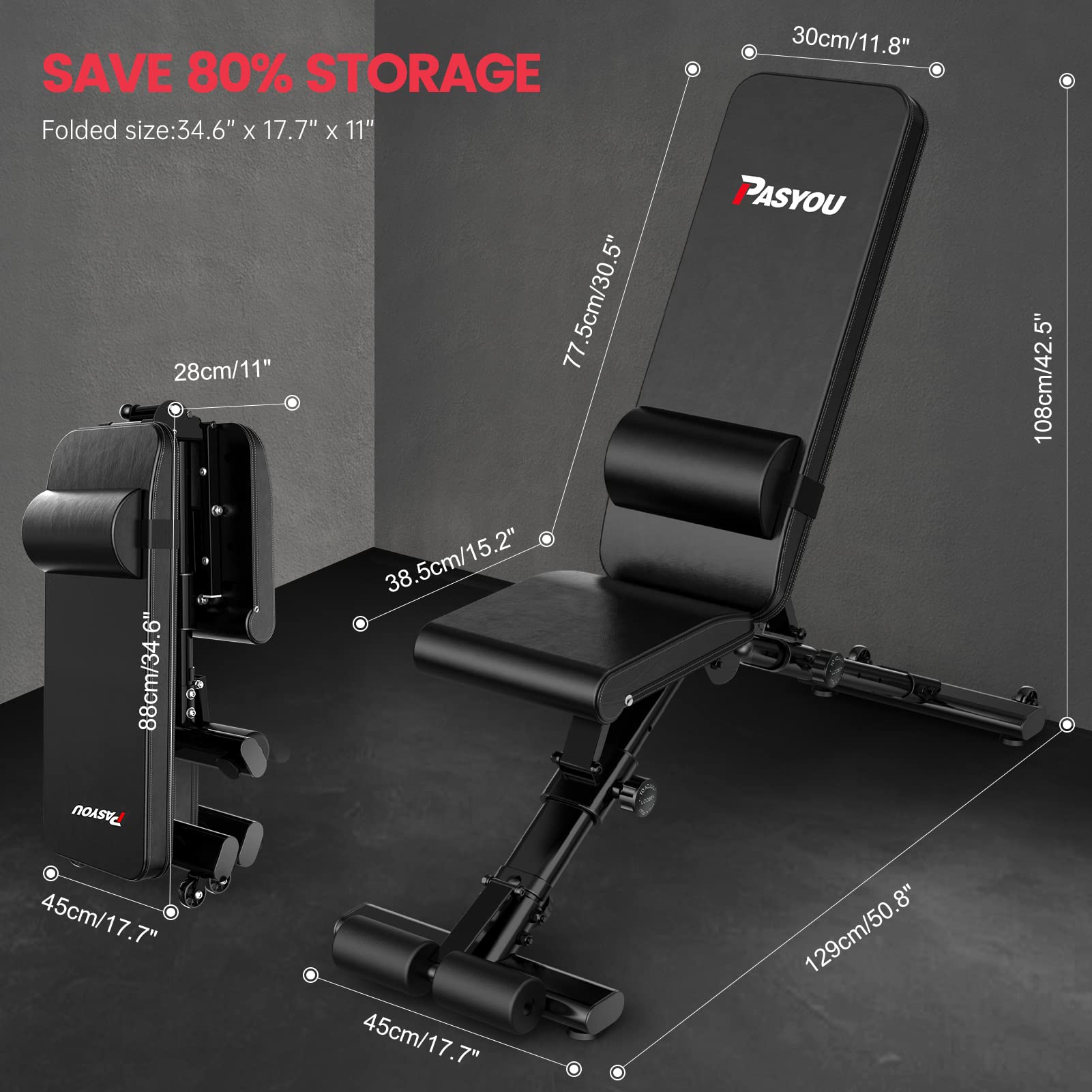 PASYOU Verstellebare Hantelbank mit 90 Grad Multifunktions Trainingsbank Schrägbank Schnell Zusammenklappbare Bankdrücken Bank für Zuhause 400KG Gewichtbelastung Langhantelablage