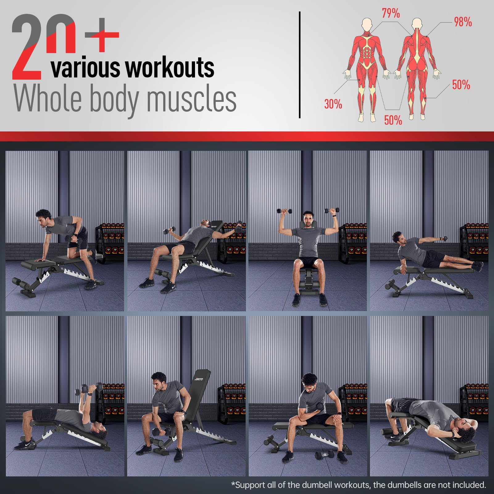 JOROTO MD60 Verstellbare Hantelbank Klappbare Trainingsbank Schrägbank mit 1,5 mm verdickter Stahl für Zuhause